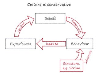 Structure,
e.g. Scrum
influences
Behaviour
Beliefs
Experiences
determ
ine
confirm
leads to
Culture is conservative
 
