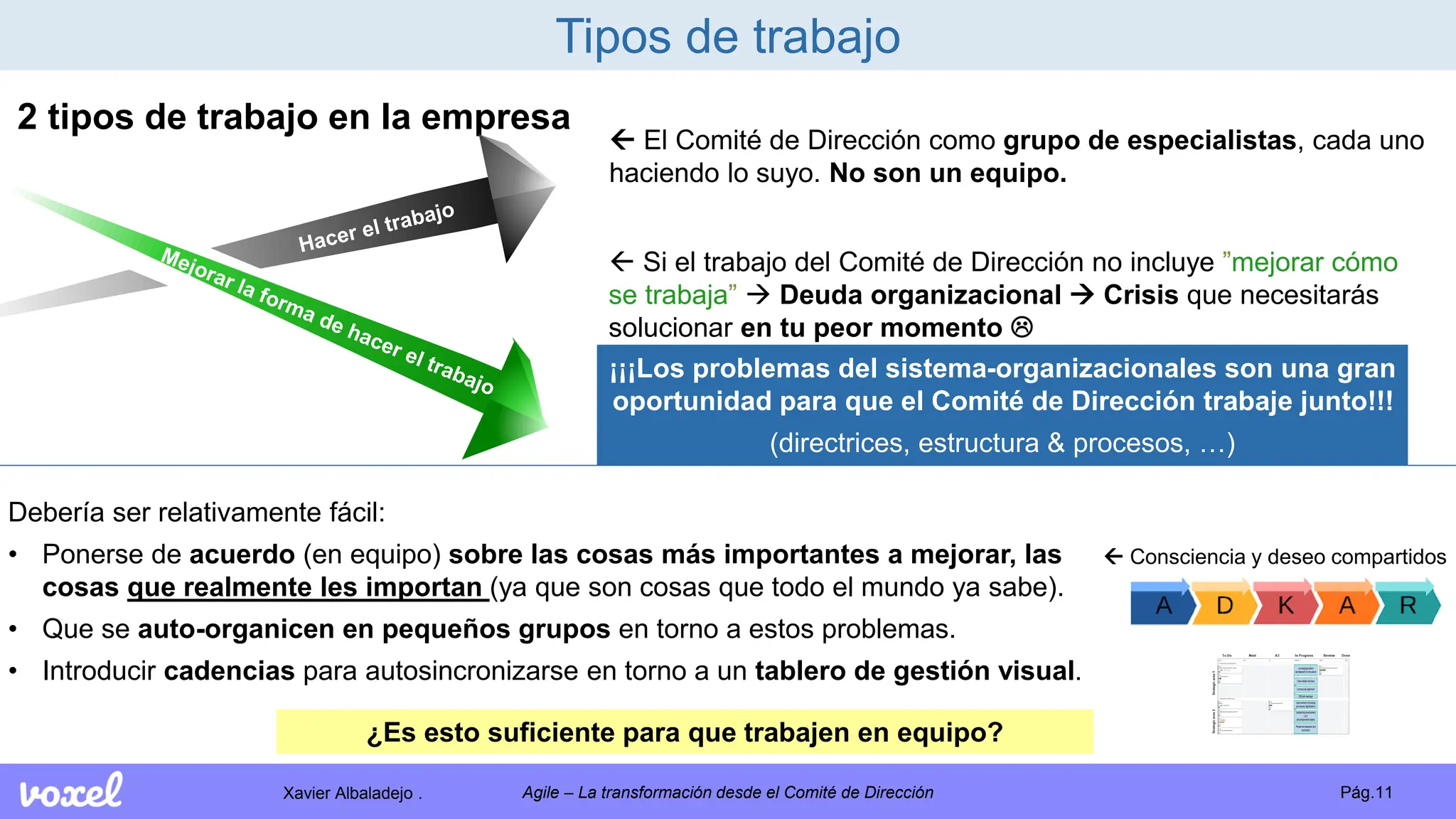 Xavier Albaladejo . Pág.11
Agile – La transformación desde el Comité de Dirección
Tipos de trabajo
2 tipos de trabajo en la empresa
 El Comité de Dirección como grupo de especialistas, cada uno
haciendo lo suyo. No son un equipo.
 Si el trabajo del Comité de Dirección no incluye ”mejorar cómo
se trabaja”  Deuda organizacional  Crisis que necesitarás
solucionar en tu peor momento 
¡¡¡Los problemas del sistema-organizacionales son una gran
oportunidad para que el Comité de Dirección trabaje junto!!!
(directrices, estructura & procesos, …)
Debería ser relativamente fácil:
• Ponerse de acuerdo (en equipo) sobre las cosas más importantes a mejorar, las
cosas que realmente les importan (ya que son cosas que todo el mundo ya sabe).
• Que se auto-organicen en pequeños grupos en torno a estos problemas.
• Introducir cadencias para autosincronizarse en torno a un tablero de gestión visual.
 Consciencia y deseo compartidos
¿Es esto suficiente para que trabajen en equipo?
 
