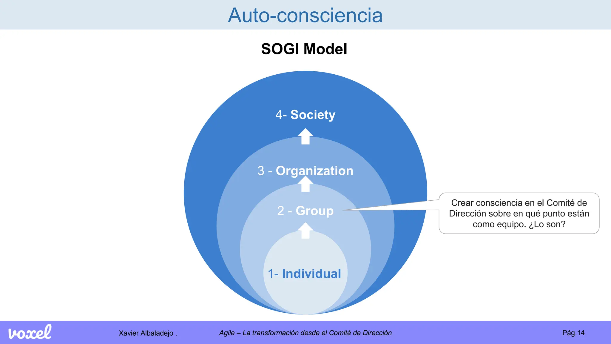 Xavier Albaladejo . Pág.14
Agile – La transformación desde el Comité de Dirección
Auto-consciencia
SOGI Model
4- Society
3 - Organization
2 - Group
1- Individual
Crear consciencia en el Comité de
Dirección sobre en qué punto están
como equipo. ¿Lo son?
 
