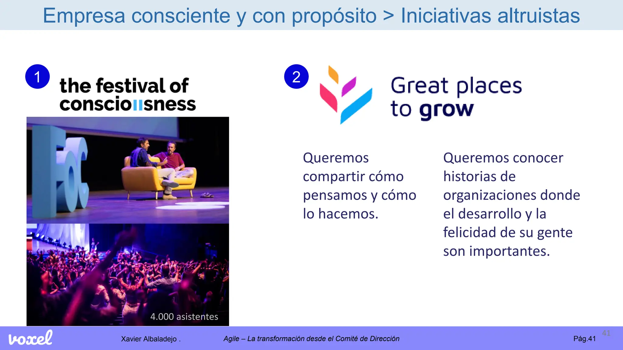 Xavier Albaladejo . Pág.41
Agile – La transformación desde el Comité de Dirección
Queremos conocer
historias de
organizaciones donde
el desarrollo y la
felicidad de su gente
son importantes.
Queremos
compartir cómo
pensamos y cómo
lo hacemos.
41
A
2
1
4.000 asistentes
Empresa consciente y con propósito > Iniciativas altruistas
 