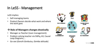 In LeSS - Management
LeSS implies:
• Self-managing teams
• Product Owners decide what work and where
the work goes
 Role of Managers changes drastically
• Manager as Teacher (Lean management):
• Problem solving teacher via 5Why, A3, Causal
Loop Diagrams,…
• Go-see (Genchi Genbutsu, Gemba attitude)
 