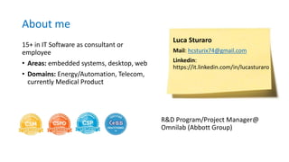 About me
15+ in IT Software as consultant or
employee
• Areas: embedded systems, desktop, web
• Domains: Energy/Automation, Telecom,
currently Medical Product
R&D Program/Project Manager@
Omnilab (Abbott Group)
Luca Sturaro
Mail: hcsturix74@gmail.com
Linkedin:
https://it.linkedin.com/in/lucasturaro
 