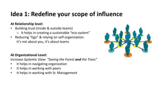 At Relationship level:
• Building trust (inside & outside teams)
o It helps in creating a sustainable “eco-system”
• Reducing “Ego” & relying on self-organization:
It’s not about you, it’s about teams
At Organizational Level:
Increase Systemic View: “Seeing the Forest and the Trees”
• It helps in navigating organization
• It helps in working with peers
• It helps in working with Sr. Management
Idea 1: Redefine your scope of influence
 