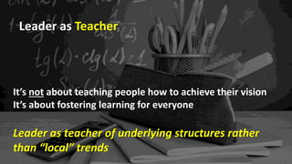 It’s not about teaching people how to achieve their vision
It’s about fostering learning for everyone
Leader as teacher of underlying structures rather
than “local” trends
Leader as Teacher
 