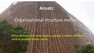 Ansatz:
Ansatz:
Organizational structure matters
When placed in the same system, people, however different,
tend to produce similar results.
 