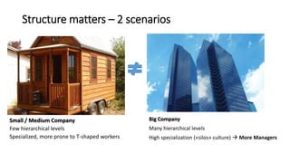 Structure matters – 2 scenarios
Small / Medium Company
Few hierarchical levels
Specialized, more prone to T-shaped workers
Big Company
Many hierarchical levels
High specialization («silos» culture)  More Managers
 