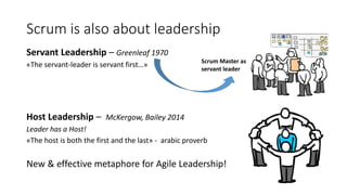 Servant Leadership – Greenleaf 1970
«The servant-leader is servant first…»
Host Leadership – McKergow, Bailey 2014
Leader has a Host!
«The host is both the first and the last» - arabic proverb
New & effective metaphore for Agile Leadership!
Scrum is also about leadership
Scrum Master as
servant leader
 