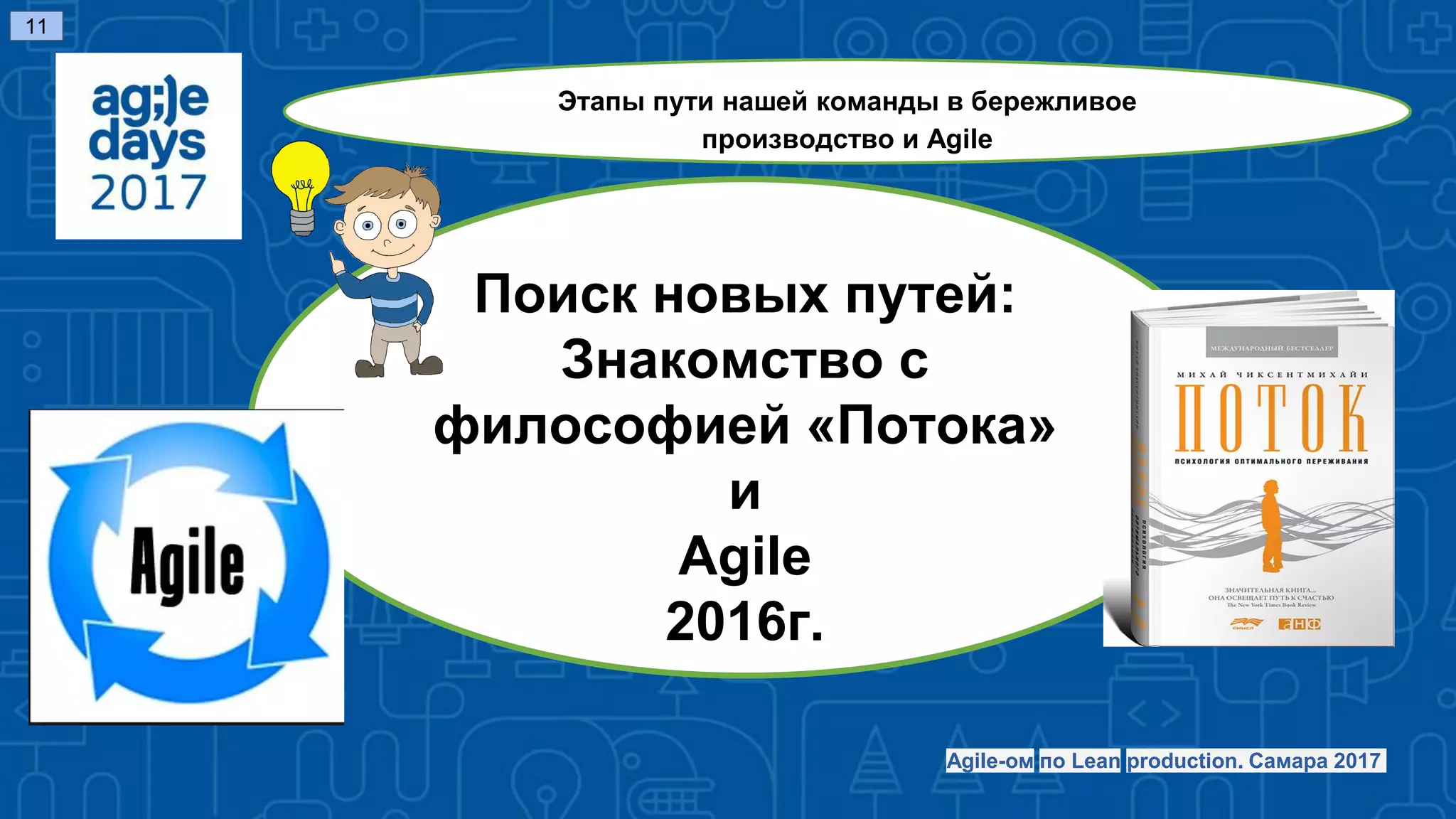 Поиск новых путей:
Знакомство с
философией «Потока»
и
Agile
2016г.
11
Agile-ом по Lean production. Самара 2017
Этапы пути нашей команды в бережливое
производство и Agile
 