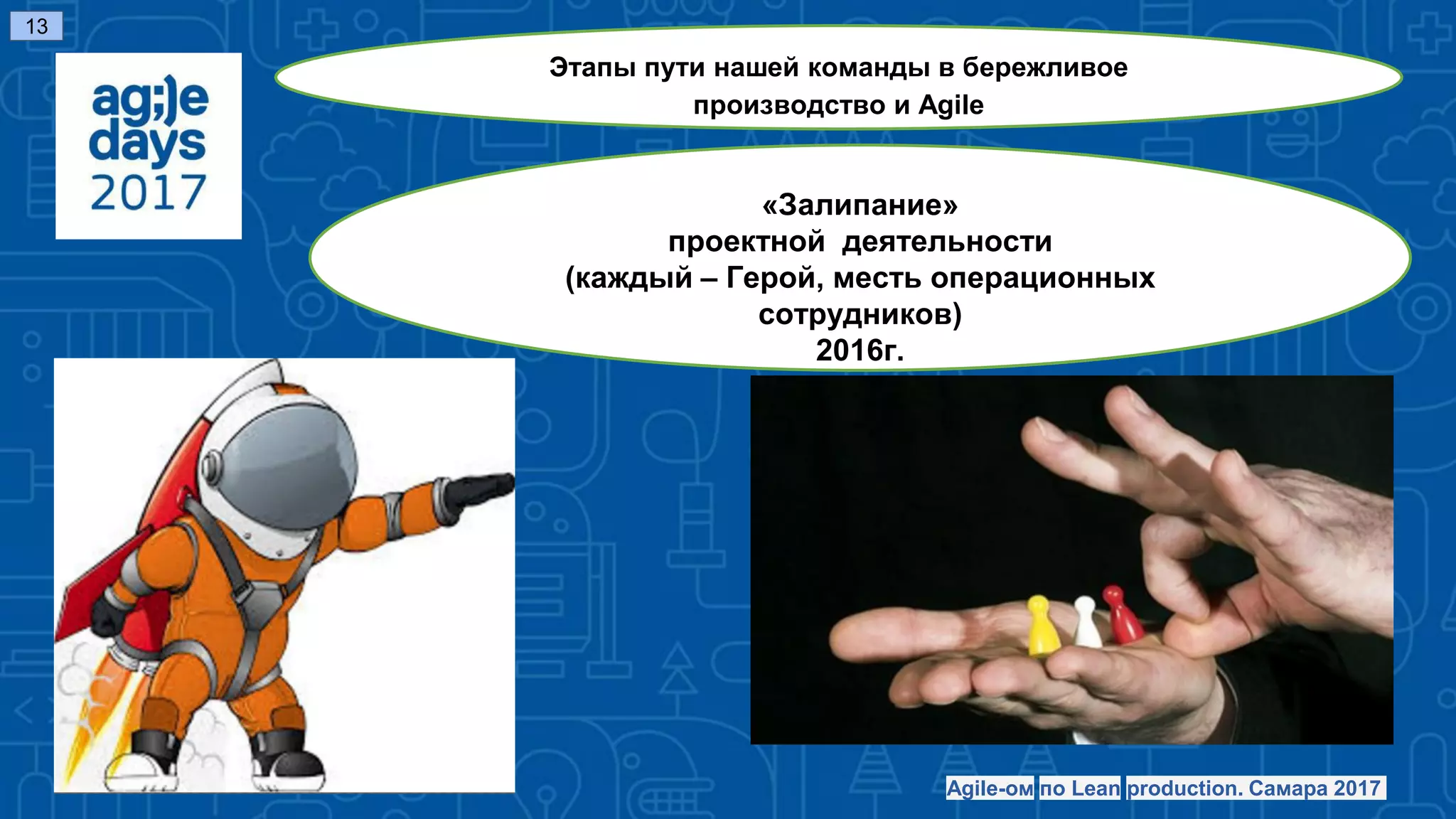 «Залипание»
проектной деятельности
(каждый – Герой, месть операционных
сотрудников)
2016г.
13
Agile-ом по Lean production. Самара 2017
Этапы пути нашей команды в бережливое
производство и Agile
 