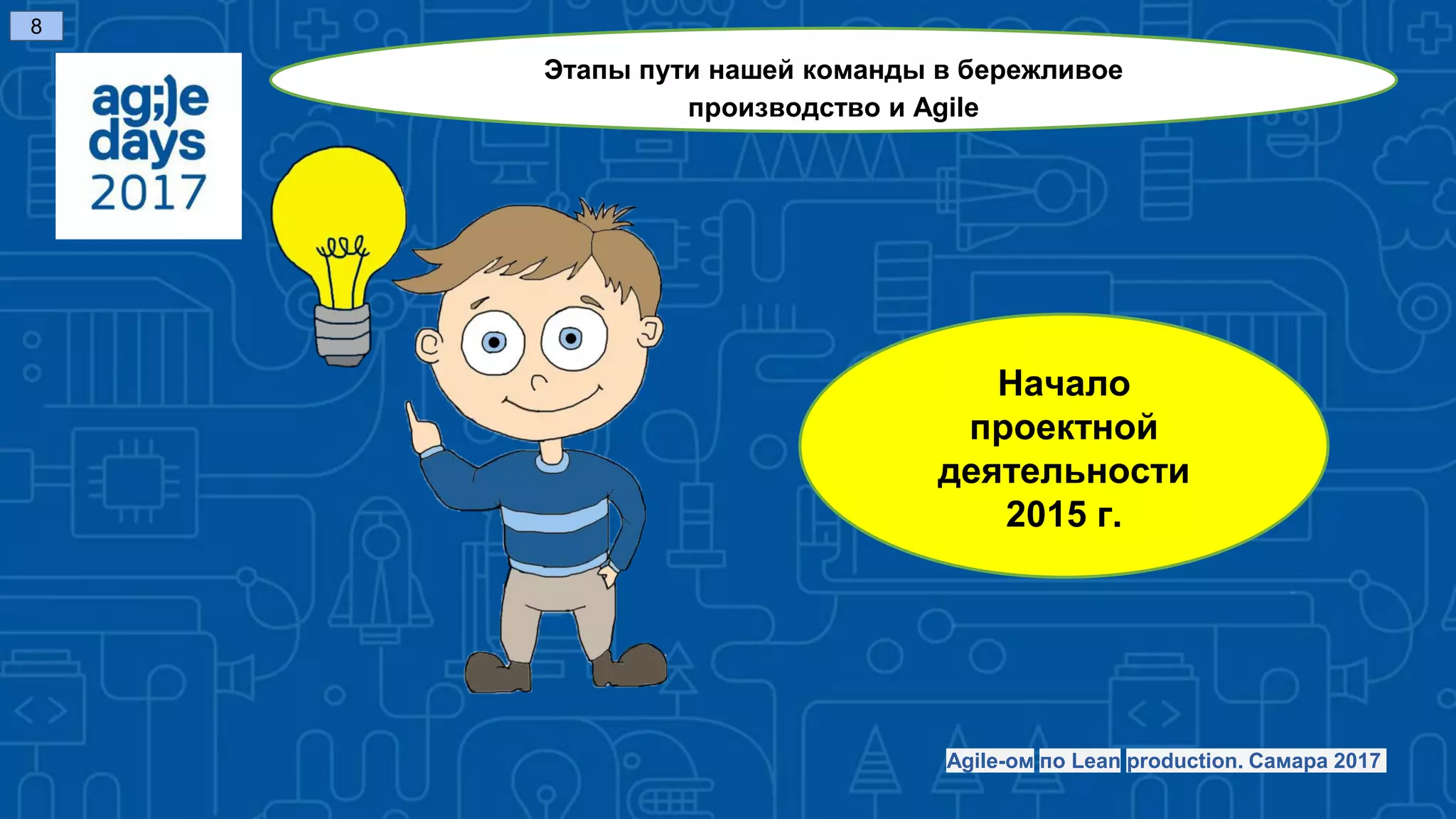 Начало
проектной
деятельности
2015 г.
8
Этапы пути нашей команды в бережливое
производство и Agile
Agile-ом по Lean production. Самара 2017
 