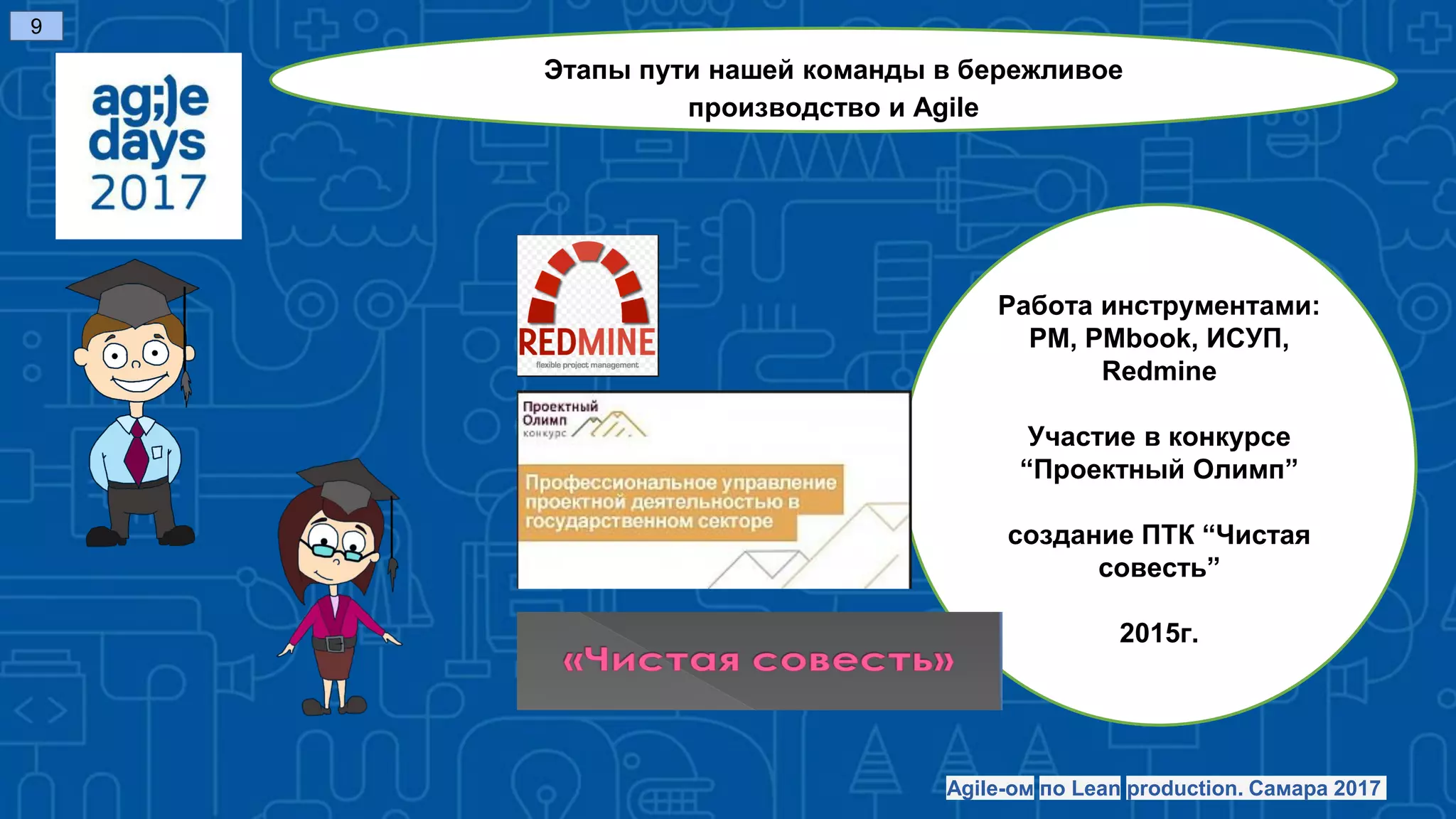 Работа инструментами:
PM, PMbook, ИСУП,
Redmine
Участие в конкурсе
“Проектный Олимп”
создание ПТК “Чистая
совесть”
2015г.
9
Этапы пути нашей команды в бережливое
производство и Agile
Agile-ом по Lean production. Самара 2017
 