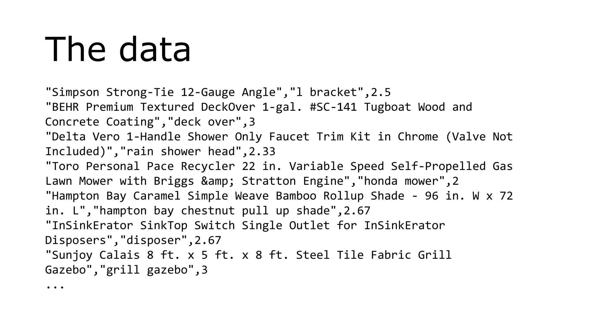 The data
"Simpson Strong-Tie 12-Gauge Angle","l bracket",2.5
"BEHR Premium Textured DeckOver 1-gal. #SC-141 Tugboat Wood and
Concrete Coating","deck over",3
"Delta Vero 1-Handle Shower Only Faucet Trim Kit in Chrome (Valve Not
Included)","rain shower head",2.33
"Toro Personal Pace Recycler 22 in. Variable Speed Self-Propelled Gas
Lawn Mower with Briggs &amp; Stratton Engine","honda mower",2
"Hampton Bay Caramel Simple Weave Bamboo Rollup Shade - 96 in. W x 72
in. L","hampton bay chestnut pull up shade",2.67
"InSinkErator SinkTop Switch Single Outlet for InSinkErator
Disposers","disposer",2.67
"Sunjoy Calais 8 ft. x 5 ft. x 8 ft. Steel Tile Fabric Grill
Gazebo","grill gazebo",3
...
 
