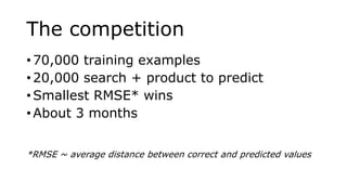 The competition
• 70,000 training examples
• 20,000 search + product to predict
• Smallest RMSE* wins
• About 3 months
*RMSE ~ average distance between correct and predicted values
 
