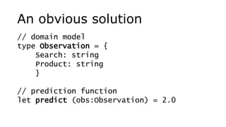 An obvious solution
// domain model
type Observation = {
Search: string
Product: string
}
// prediction function
let predict (obs:Observation) = 2.0
 