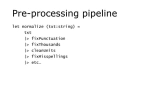 Pre-processing pipeline
let normalize (txt:string) =
txt
|> fixPunctuation
|> fixThousands
|> cleanUnits
|> fixMisspellings
|> etc…
 