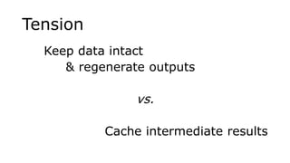 Tension
Keep data intact
& regenerate outputs
vs.
Cache intermediate results
 