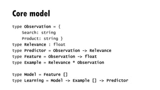 Core model
type Observation = {
Search: string
Product: string }
type Relevance : float
type Predictor = Observation -> Relevance
type Feature = Observation -> float
type Example = Relevance * Observation
type Model = Feature []
type Learning = Model -> Example [] -> Predictor
 