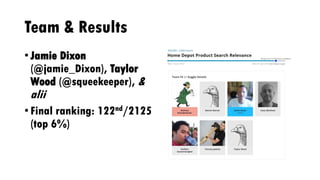 Team & Results
• Jamie Dixon
(@jamie_Dixon), Taylor
Wood (@squeekeeper), &
alii
• Final ranking: 122nd/2125
(top 6%)
 