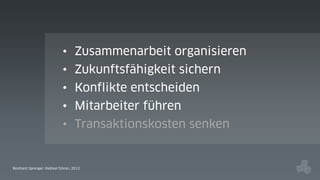 • Zusammenarbeit organisieren
• Zukunftsfähigkeit sichern
• Konflikte entscheiden
• Mitarbeiter führen
• Transaktionskosten senken

Reinhard Sprenger: Radikal führen, 2012

 