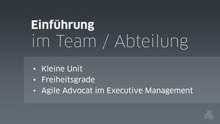 Einführung

im Team / Abteilung
• Kleine Unit
• Freiheitsgrade
• Agile Advocat im Executive Management

 