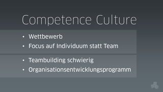 Competence Culture
• Wettbewerb
• Focus auf Individuum statt Team
• Teambuilding schwierig
• Organisationsentwicklungsprogramm

 