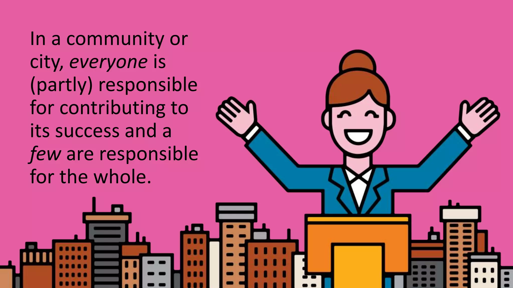 In a community or
city, everyone is
(partly) responsible
for contributing to
its success and a
few are responsible
for the whole.
 