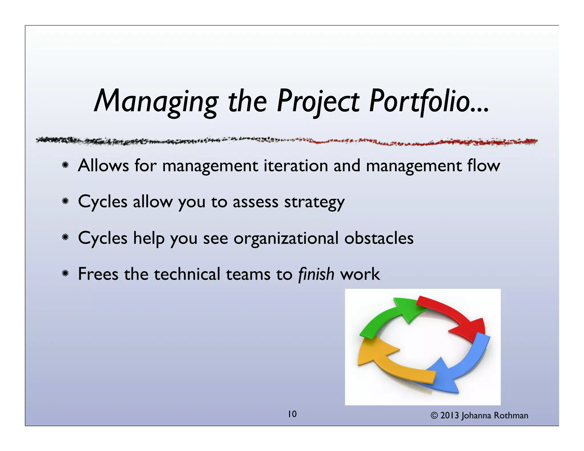 Managing the Project Portfolio...
Allows for management iteration and management ﬂow
Cycles allow you to assess strategy
Cycles help you see organizational obstacles
Frees the technical teams to ﬁnish work




                           10                  © 2013 Johanna Rothman
 