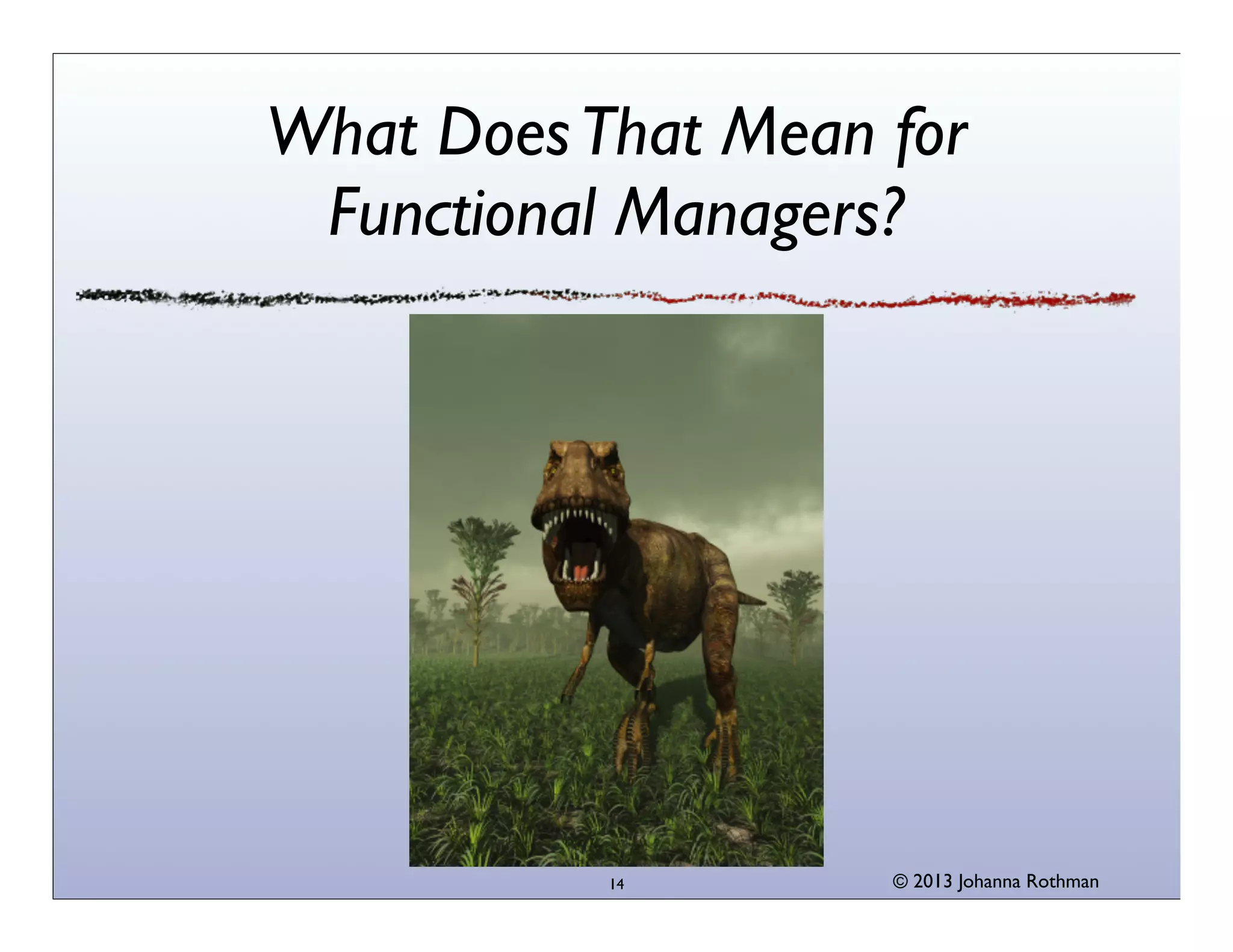 What Does That Mean for
 Functional Managers?




           14       © 2013 Johanna Rothman
 