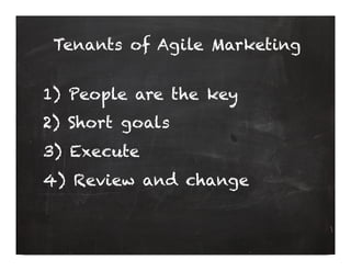 Tenets of Agile Marketing


1)  People are the key
2)  Short goals
3)  Execute
4)  Review and change
	
  
 