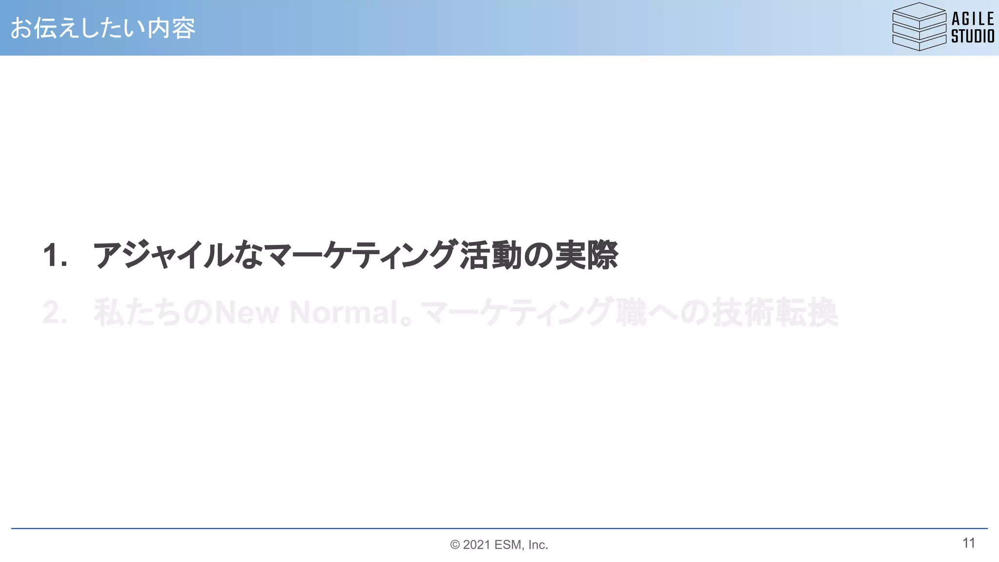 © 2021 ESM, Inc.
お伝えしたい内容
11
1. アジャイルなマーケティング活動の実際
2. 私たちのNew Normal。マーケティング職への技術転換
 