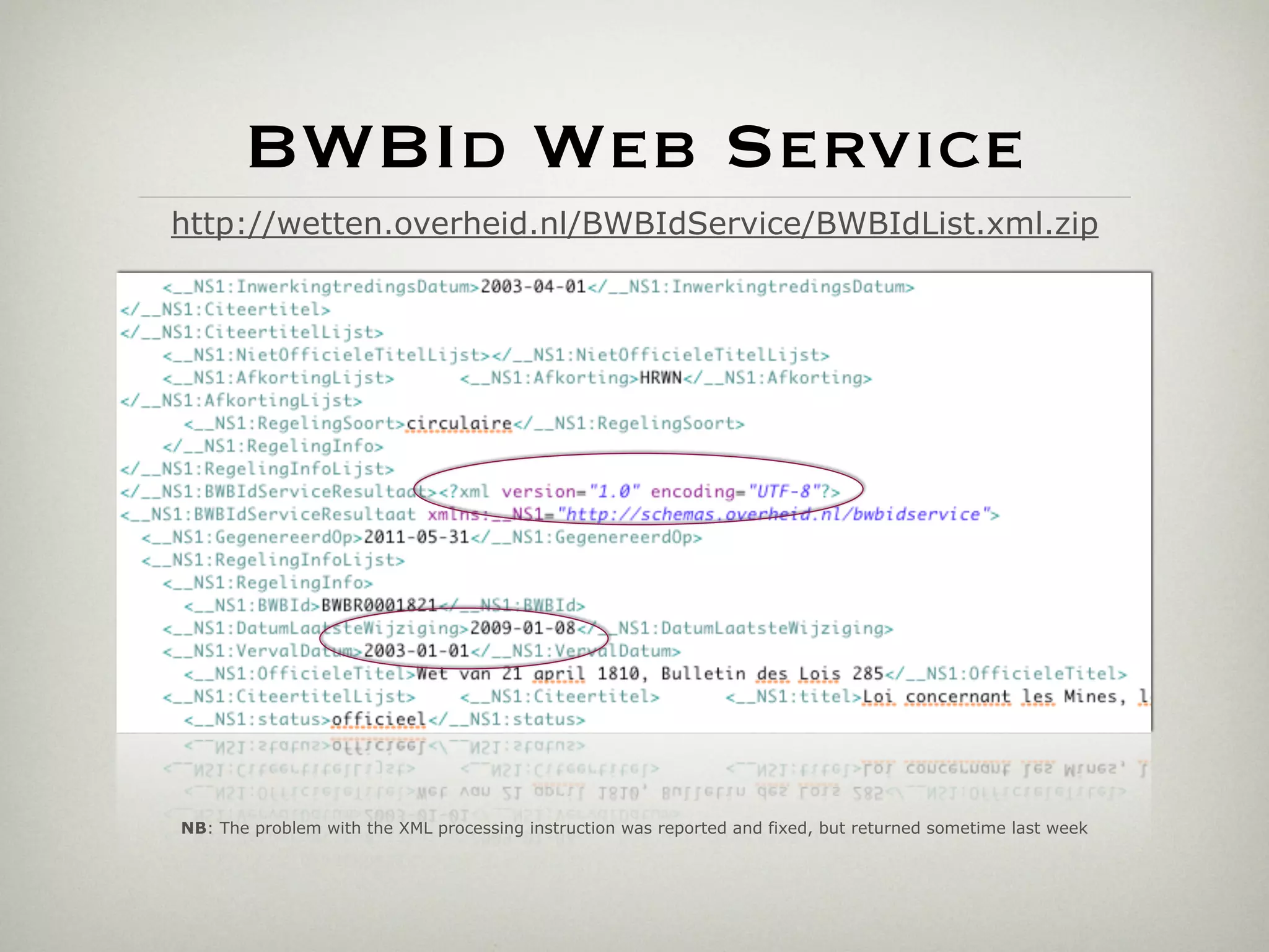 BWBId Web Service
http://wetten.overheid.nl/BWBIdService/BWBIdList.xml.zip




NB: The problem with the XML processing instruction was reported and fixed, but returned sometime last week
 