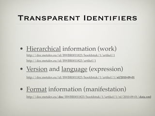 Transparent Identiﬁers


• Hierarchical information (work)
  http://doc.metalex.eu/id/BWBR0011823/hoofdstuk/1/artikel/1
  ...