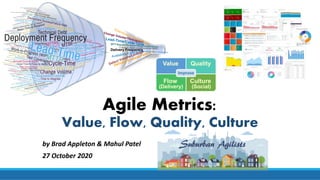 Agile Metrics:
Value, Flow, Quality, Culture
by Brad Appleton & Mahul Patel
27 October 2020
Delivery Frequency
Value Quality
Culture
(Social)
Flow
(Delivery)
Improve
 