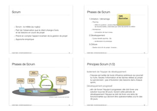 Aurélien Tabard - Université Claude Bernard Lyon 1
Scrum
.: Scrum : la mêlée (au rugby)
.: Part de l’observation que le client change d’avis
et de besoins en cours de projet
.: Prend en compte l’aspect incertain de la gestion de projet
.: Approche empirique
53 Aurélien Tabard - Université Claude Bernard Lyon 1
Phases de Scrum
1.Initiation / démarrage
.: Planning
.: définir le système : product Backlog = liste
de fonctionnalités, ordonnées par ordre de priorité et d’eﬀort
.: Architecture
.: conception de haut-niveau
2.Développement
.: Cycles itératifs (sprints) : 30j
.: amélioration du prototype
3.Clôture
.: Gestion de la fin du projet : livraison…
54
TODO
illustration
Aurélien Tabard - Université Claude Bernard Lyon 1
Phases de Scrum
55 Aurélien Tabard - Université Claude Bernard Lyon 1
Principes Scrum (1/2)
Isolement de l'équipe de développement
.:l'équipe est isolée de toute influence extérieure qui pourrait
lui nuire. Seules l'information et les tâches reliées au projet
lui parviennent : pas d’évolution des besoins dans chaque
sprint.
Développement progressif
.:afin de forcer l'équipe à progresser, elle doit livrer une
solution tous les 30 jours. Durant cette période de
développement l'équipe se doit de livrer une série de
fonctionnalités qui devront être opérationnelles à la fin des
30 jours.
56
 