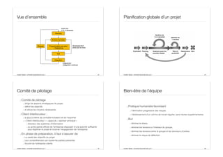 Aurélien Tabard - Université Claude Bernard Lyon 1
Vue d’ensemble
33
Écriture des tests
Planning
Test
Programmation par pairs
+ Refactoring
Integration
chaque jour
(intégration continue)
toutes les
2 ou 3 semaines
Release développement
piloté par les tests
Aurélien Tabard - Université Claude Bernard Lyon 1
Planification globale d’un projet
34
Aurélien Tabard - Université Claude Bernard Lyon 1
Comité de pilotage
.:Comité de pilotage
.: dirige les aspects stratégiques du projet,
.: définit les objectifs
.: et alloue les moyens nécessaires
.:Client interlocuteur :
.: le plus à même de connaître le besoin et de l’exprimer
.: « Client interlocuteur » = appui du « sponsor principal »
.: directeur des systèmes d’information
.: ou porte-parole oﬃciel de l’entreprise disposant d’une autorité suﬃsante
pour légitimer le projet et incarner l’engagement de l’entreprise
.:En phase de préparation, il faut s’assurer de:
.: La clarté des objectifs du projet
.: Leur compréhension par toutes les parties prenantes
.: Accord de l’entreprise cliente
35 Aurélien Tabard - Université Claude Bernard Lyon 1
Bien-être de l’équipe
.:Pratique humaniste favorisant
.: l'élimination progressive des risques
.: l’établissement d’un rythme de travail régulier, sans heures supplémentaires
.:But
.: éliminer le stress,
.: éliminer les tensions a l’intérieur du groupe,
.: éliminer les tensions entre le groupe et les donneurs d’ordres,
.: éliminer le risque de défection.
36
 