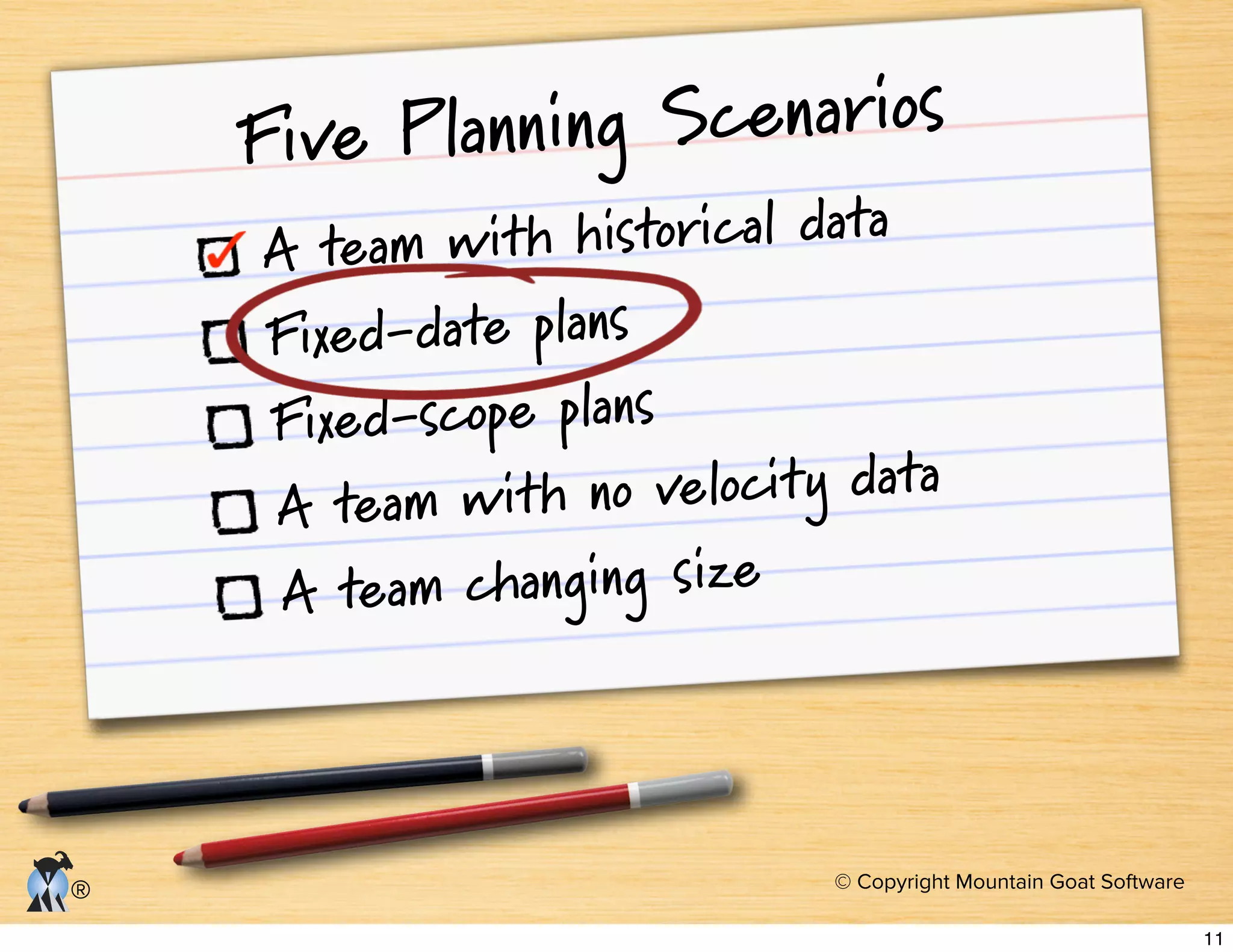 © Copyright Mountain Goat Software
®
Five Planning Scenarios
A team with historical data
Fixed-date plans
Fixed-scope plans
A team with no velocity data
A team changing size
11
 