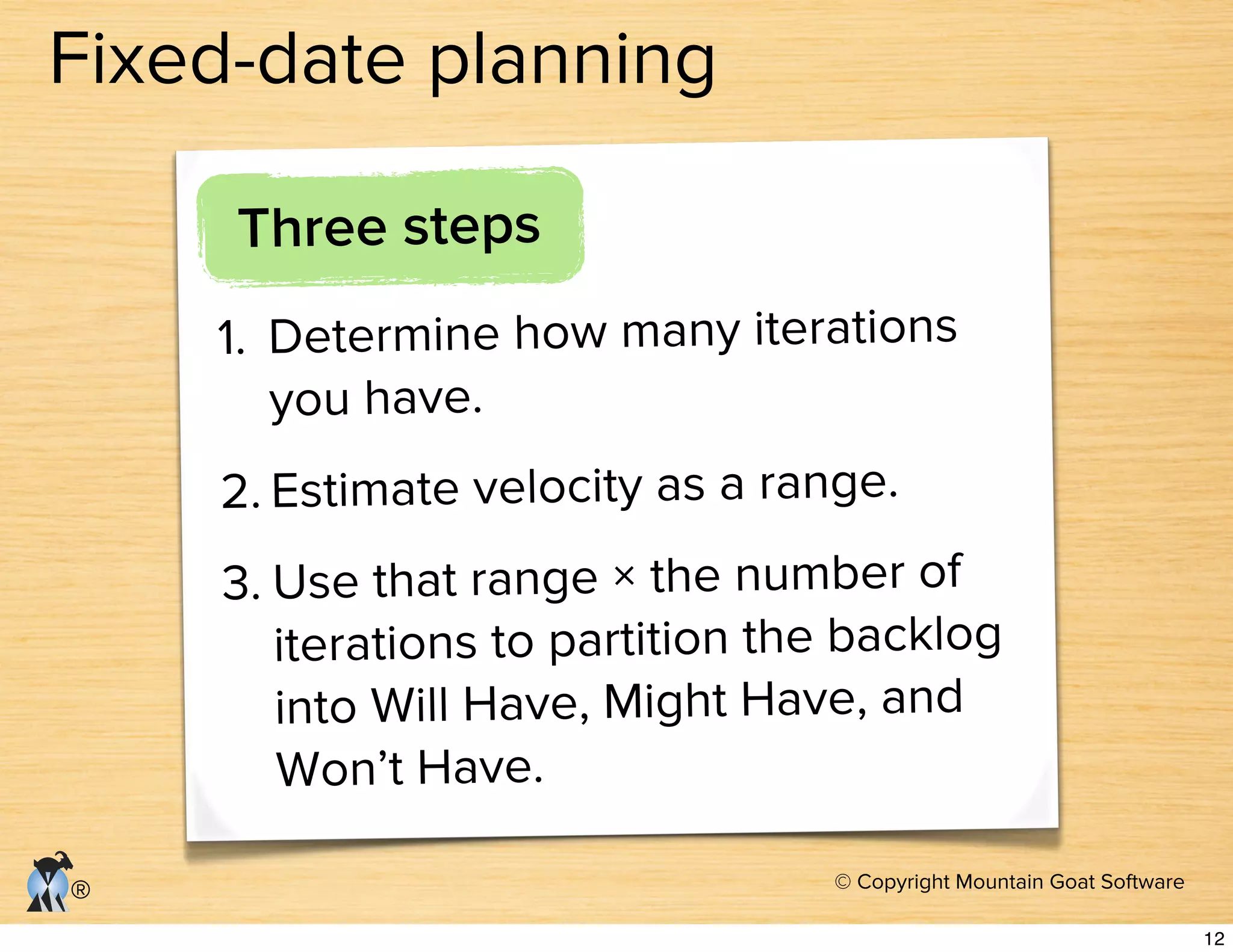 © Copyright Mountain Goat Software
®
Fixed-date planning
Three steps
1. Determine how many iterations
you have.
2. Estimate velocity as a range.
3. Use that range × the number of
iterations to partition the backlog
into Will Have, Might Have, and
Won’t Have.
12
 