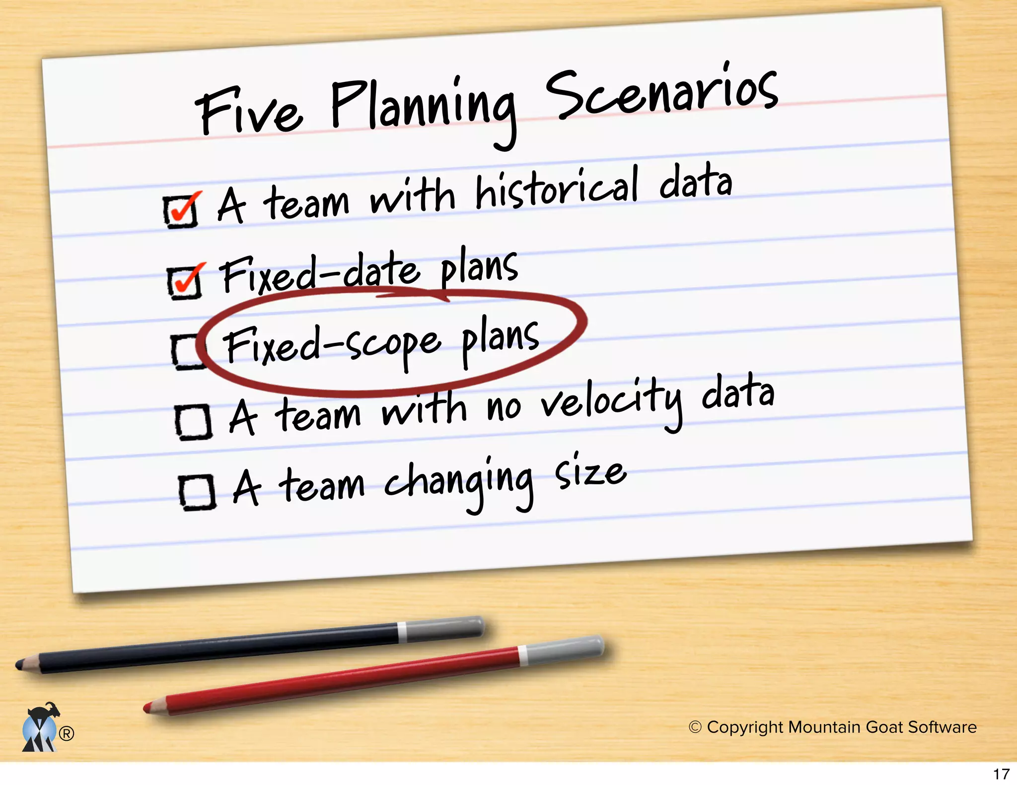 © Copyright Mountain Goat Software
®
Five Planning Scenarios
A team with historical data
Fixed-date plans
Fixed-scope plans
A team with no velocity data
A team changing size
17
 