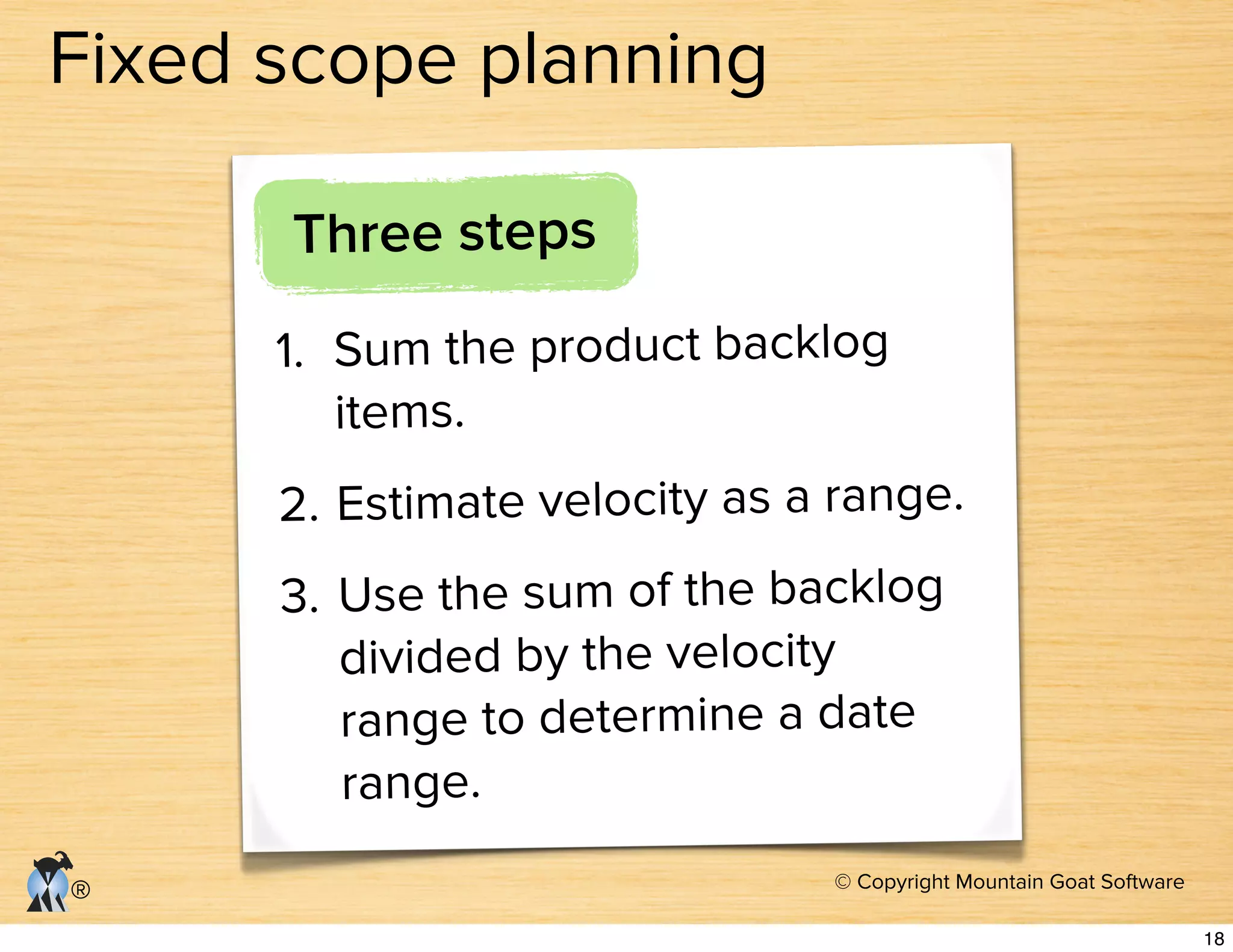 © Copyright Mountain Goat Software
®
Fixed scope planning
Three steps
1. Sum the product backlog
items.
2. Estimate velocity as a range.
3. Use the sum of the backlog
divided by the velocity
range to determine a date
range.
18
 