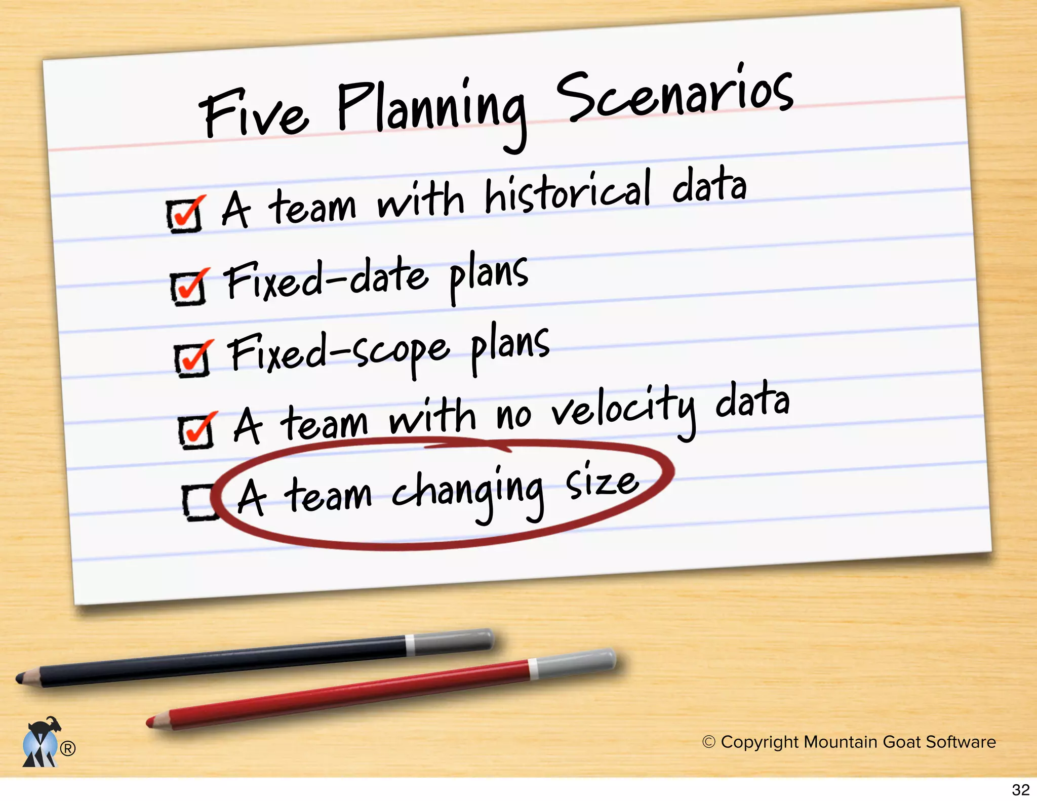 © Copyright Mountain Goat Software
®
Five Planning Scenarios
A team with historical data
Fixed-date plans
Fixed-scope plans
A team with no velocity data
A team changing size
32
 