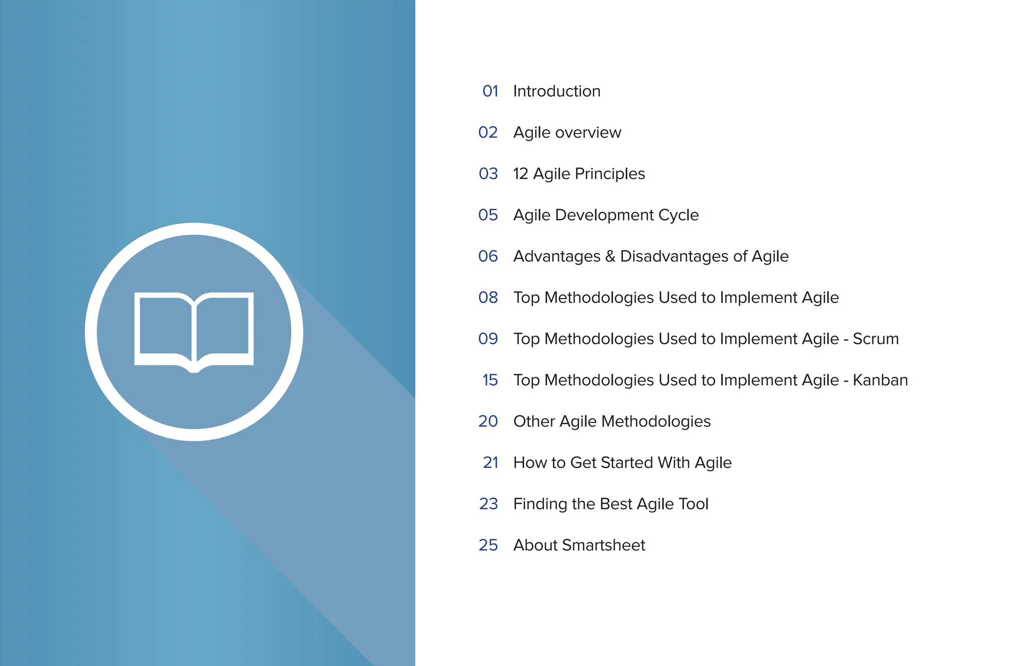 Introduction
Agile overview
12 Agile Principles
Agile Development Cycle
Advantages & Disadvantages of Agile
Top Methodologies Used to Implement Agile
Top Methodologies Used to Implement Agile - Scrum
Top Methodologies Used to Implement Agile - Kanban
Other Agile Methodologies
How to Get Started With Agile
Finding the Best Agile Tool
About Smartsheet
01
02
03
05
06
08
09
15
20
21
23
25
 