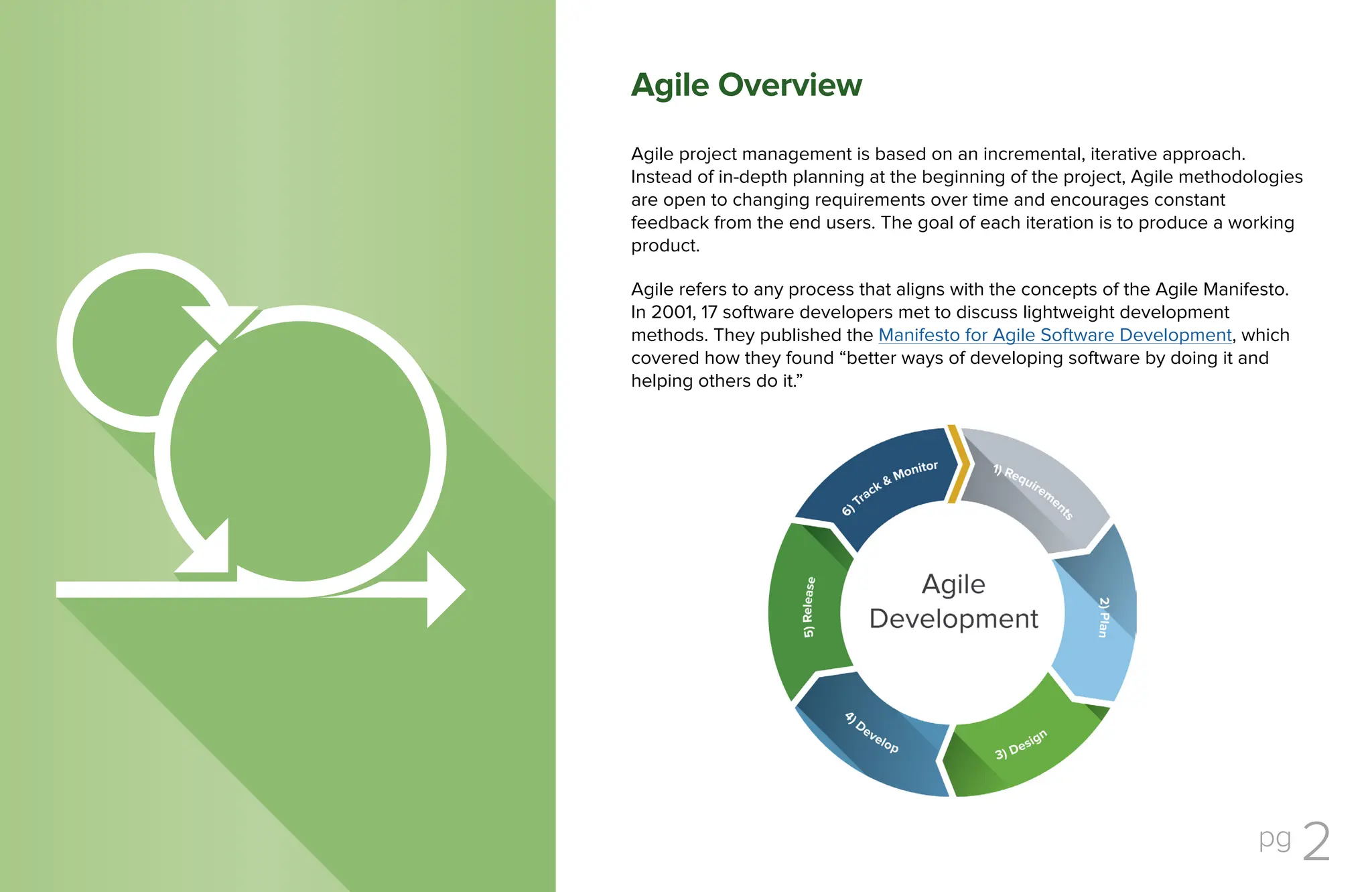 pg 2
Agile project management is based on an incremental, iterative approach.
Instead of in-depth planning at the beginning of the project, Agile methodologies
are open to changing requirements over time and encourages constant
feedback from the end users. The goal of each iteration is to produce a working
product.
Agile refers to any process that aligns with the concepts of the Agile Manifesto.
In 2001, 17 software developers met to discuss lightweight development
methods. They published the Manifesto for Agile Software Development, which
covered how they found “better ways of developing software by doing it and
helping others do it.”
The Project Killer:
Poor Communication
Agile Overview
A 2013 PMI study found that poor communication
was the primary contributor to project failure one
third of the time and had a negative impact on
project success more than half the time.
 