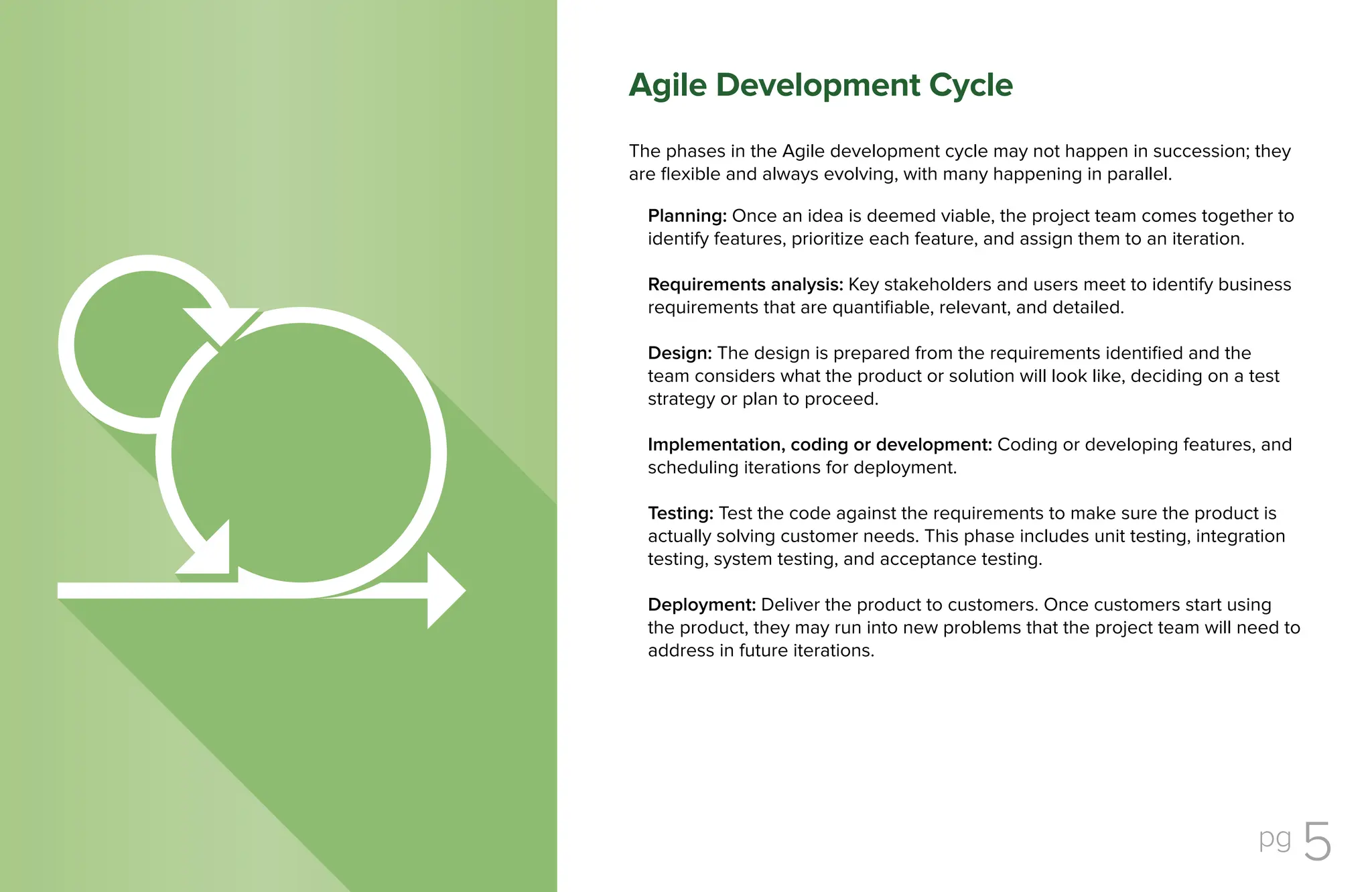 pg 5
The phases in the Agile development cycle may not happen in succession; they
are flexible and always evolving, with many happening in parallel.
Planning: Once an idea is deemed viable, the project team comes together to
identify features, prioritize each feature, and assign them to an iteration.
Requirements analysis: Key stakeholders and users meet to identify business
requirements that are quantifiable, relevant, and detailed.
Design: The design is prepared from the requirements identified and the
team considers what the product or solution will look like, deciding on a test
strategy or plan to proceed.
Implementation, coding or development: Coding or developing features, and
scheduling iterations for deployment.
Testing: Test the code against the requirements to make sure the product is
actually solving customer needs. This phase includes unit testing, integration
testing, system testing, and acceptance testing.
Deployment: Deliver the product to customers. Once customers start using
the product, they may run into new problems that the project team will need to
address in future iterations.
Agile Development Cycle
 