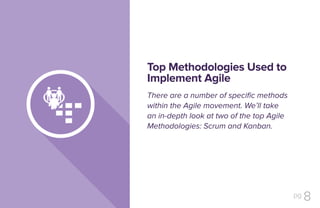 pg 8
There are a number of specific methods
within the Agile movement. We’ll take
an in-depth look at two of the top Agile
Methodologies: Scrum and Kanban.
Top Methodologies Used to
Implement Agile
 