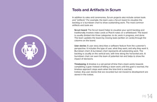 pg 14
In addition to roles and ceremonies, Scrum projects also include certain tools
and “artifacts”. For example, the team uses a Scrum board to visualize the
backlog or a burndown chart to show outstanding work. The most common
artifacts and tools are:
Scrum board: The Scrum board helps to visualize your sprint backlog and
traditionally involves index cards or Post-It notes on a whiteboard. The board
is usually divided into three categories: to do, work in progress, and done.
The team updates the board by moving tasks (written on cards) through the
columns on the board.
User stories: A user story describes a software feature from the customer’s
perspective. It includes the type of user, what they want, and why they want it.
Burndown chart: A burndown chart represents all outstanding work. The
backlog is usually on the vertical axis, with time along the horizontal axis. A
burndown chart can warn the team of potential risk and helps to show the
impact of decisions.
Timeboxing: A timebox is a set period of time that a team works towards
completing a goal. Instead of letting a team work until the goal is reached, the
timebox approach stops work when the time limit is reached.
Icebox: Any user stories that are recorded but not moved to development are
stored in the icebox.
Tools and Artifacts in Scrum
 