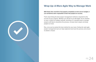 pg 24
Wrap Up: A More Agile Way to Manage Work
With fewer than one-third of all projects completed on time and on budget, it
can sometimes seem impossible to lead new projects to success.
That’s why finding the best project management method is important to the
success of your projects. Whether you decide to go with Agile, Scrum, Kanban,
or even a hybrid of multiple methods, deciding on a standard way to manage
projects will help to streamline the process, increase team output, and keep
projects on track.
Plus, once you’ve picked the best method for your team, finding the right agile
project management tool can help implement and track the process and ensure
no detail is missed.
 