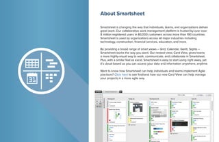 Smartsheet is changing the way that individuals, teams, and organizations deliver
great work. Our collaborative work management platform is trusted by over over
8 million registered users in 80,000 customers across more than 190 countries.
Smartsheet is used by organizations across all major industries including
technology, construction, financial services, education, and more.
By providing a broad range of smart views – Grid, Calendar, Gantt, Sights –
Smartsheet works the way you want. Our newest view, Card View, gives teams
a more highly-visual way to work, communicate, and collaborate in Smartsheet.
Plus, with a similar feel as excel, Smartsheet is easy to start using right away, yet
it’s cloud-based so you can access your data and information anywhere, anytime.
Want to know how Smartsheet can help individuals and teams implement Agile
practices? Click here to see firsthand how our new Card View can help manage
your projects in a more agile way.
About Smartsheet
 