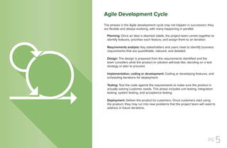 pg 5
The phases in the Agile development cycle may not happen in succession; they
are flexible and always evolving, with many happening in parallel.
Planning: Once an idea is deemed viable, the project team comes together to
identify features, prioritize each feature, and assign them to an iteration.
Requirements analysis: Key stakeholders and users meet to identify business
requirements that are quantifiable, relevant, and detailed.
Design: The design is prepared from the requirements identified and the
team considers what the product or solution will look like, deciding on a test
strategy or plan to proceed.
Implementation, coding or development: Coding or developing features, and
scheduling iterations for deployment.
Testing: Test the code against the requirements to make sure the product is
actually solving customer needs. This phase includes unit testing, integration
testing, system testing, and acceptance testing.
Deployment: Deliver the product to customers. Once customers start using
the product, they may run into new problems that the project team will need to
address in future iterations.
Agile Development Cycle
 