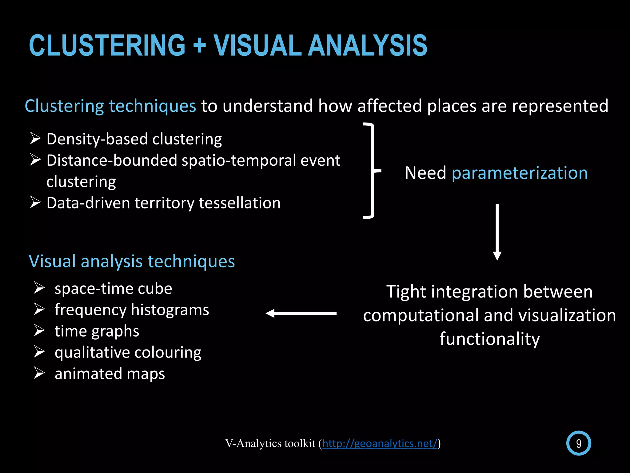 CLUSTERING + VISUAL ANALYSIS
9
Clustering techniques to understand how affected places are represented
Tight integration between
computational and visualization
functionality
V-Analytics toolkit (http://geoanalytics.net/)
Need parameterization
 space-time cube
 frequency histograms
 time graphs
 qualitative colouring
 animated maps
 Density-based clustering
 Distance-bounded spatio-temporal event
clustering
 Data-driven territory tessellation
Visual analysis techniques
 