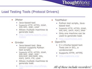 Load Testing Tools (Protocol Drivers)

      • JMeter                             • TestMaker
         • Java-based tool.                   • Python test scripts, Java-
         •   Supports HTTP, HTTPS, SOAP,        based tool.
             XML-RPC, JDBC, LDAP
                                              •   Supports HTTP, HTTPS, SOAP,
         • Allows multiple machines to            XML-RPC, SMTP, POP3, IMAP
           generate load.
                                              • Only one machine can be
         • http://jakarta.apache.org/j
                                                used to generate load.
           meter/
                                              • http://pushtotest.com
      • Grinder                            • OpenSTA
         • Java-based tool. New               • C++/Corba based tool.
           version supports Python              Tests are in SCL, a
           test scripts.                        vendorscript!
         •   Supports HTTP, HTTPS, SOAP,      • Supports HTTP, HTTPS
             XML-RPC, JDBC, IIOP,
             RMI/IIOP, RMI/JRMP, JMS,         • http://opensta.org/
             POP3, SMTP, FTP, LDAP
         • Allows multiple machines to
           generate load.
         • http://grinder.sourceforge.
           net/                             All of these include recorders!
 